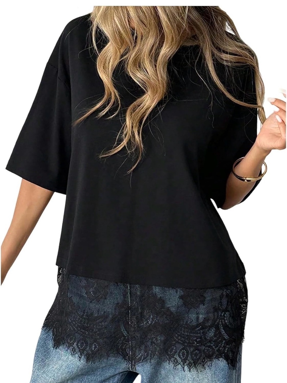Black Lace-Hem Short Sleeve Tee by